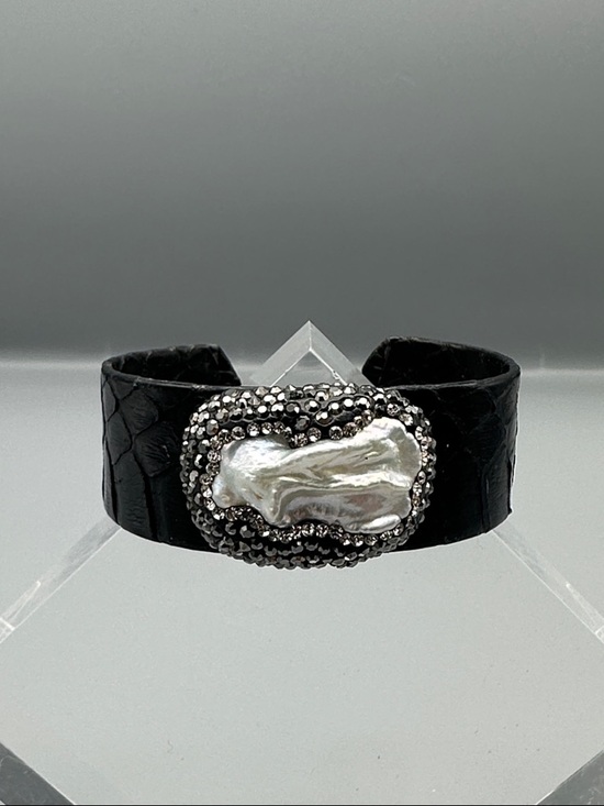 Jewelry - Black Leather Cuff Bracelet with Baroque Pearl and Crystal Accents